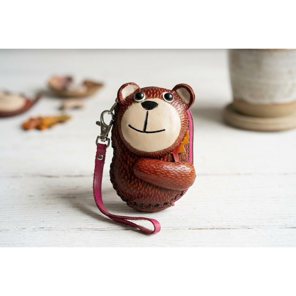 Cute Brown Bear Coin Purse Wristlet Pink Zipper Small Wallet Keychain Pouch